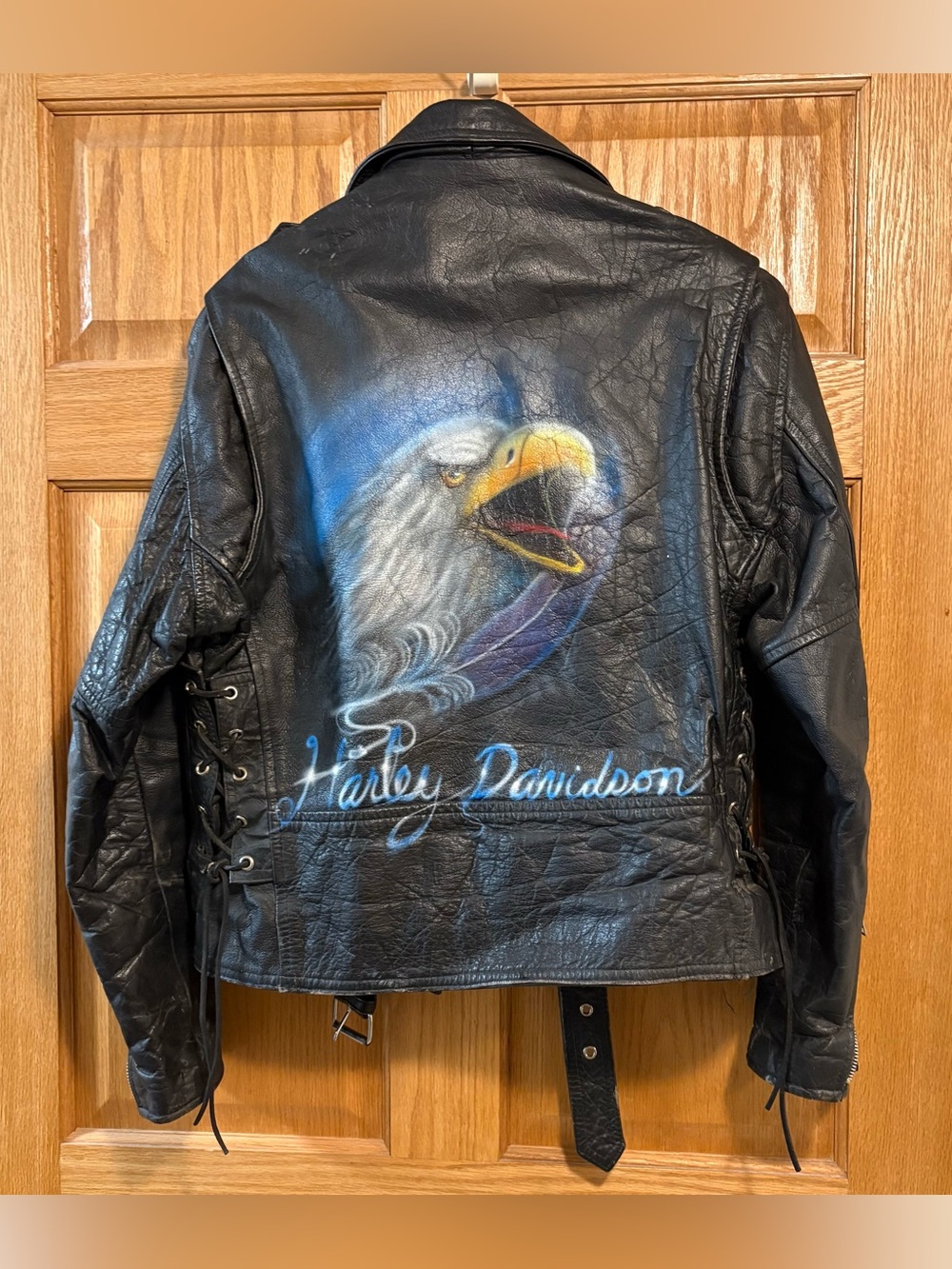 80s Harley Davidson Airbrush Eagle LEATHER 2000 BLOOMERZ Motorcycle Jacket Sz 44